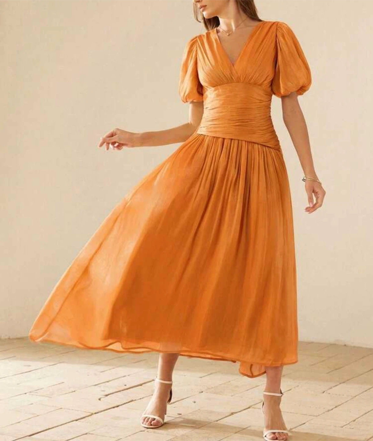 Orange Puff Sleeve Ruched Midi Dress - photo 2