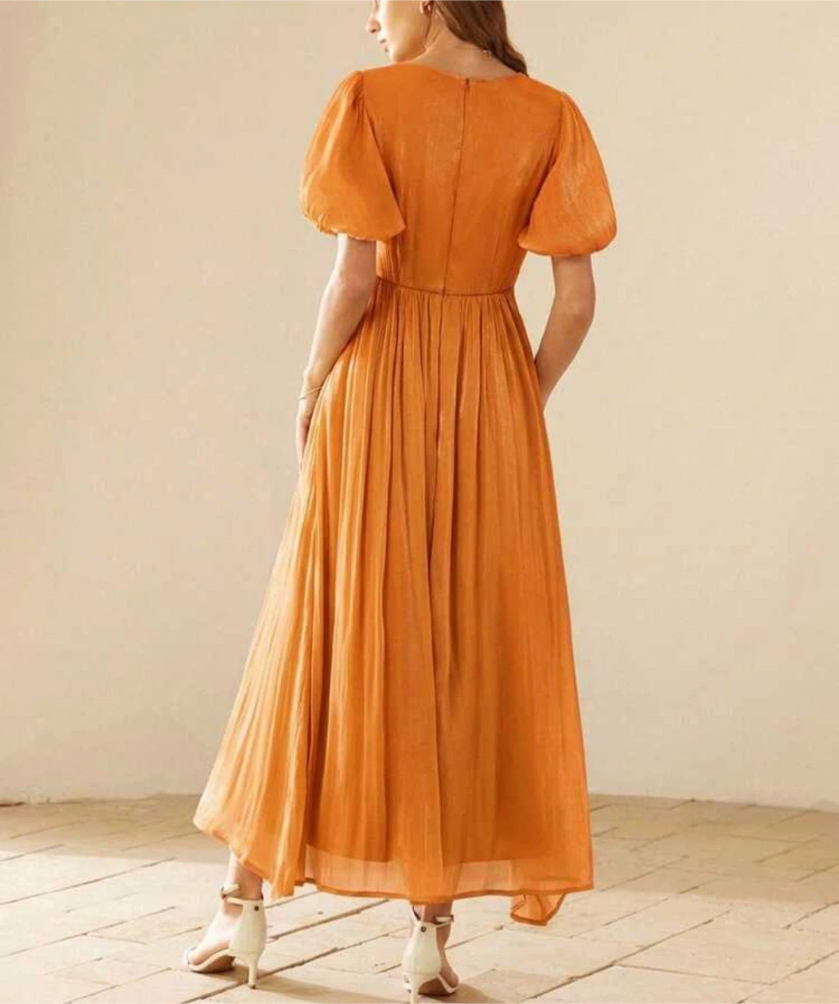 Orange Puff Sleeve Ruched Midi Dress - photo 3