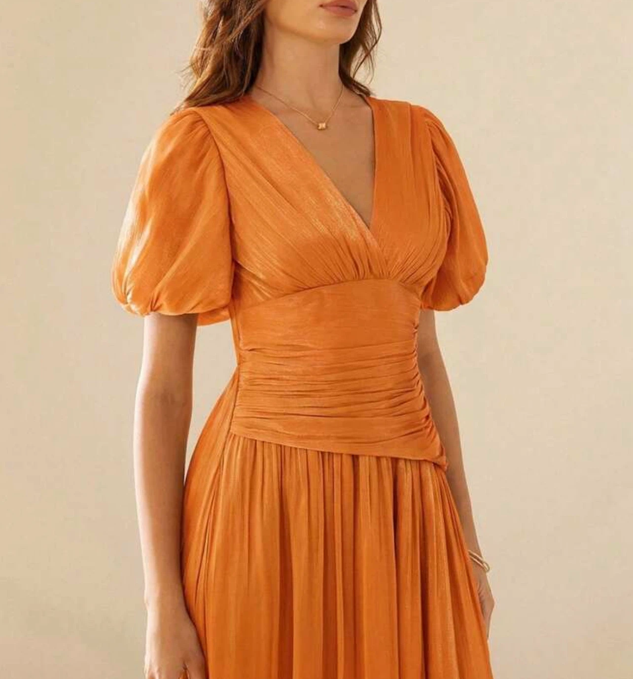 Orange Puff Sleeve Ruched Midi Dress - photo 4