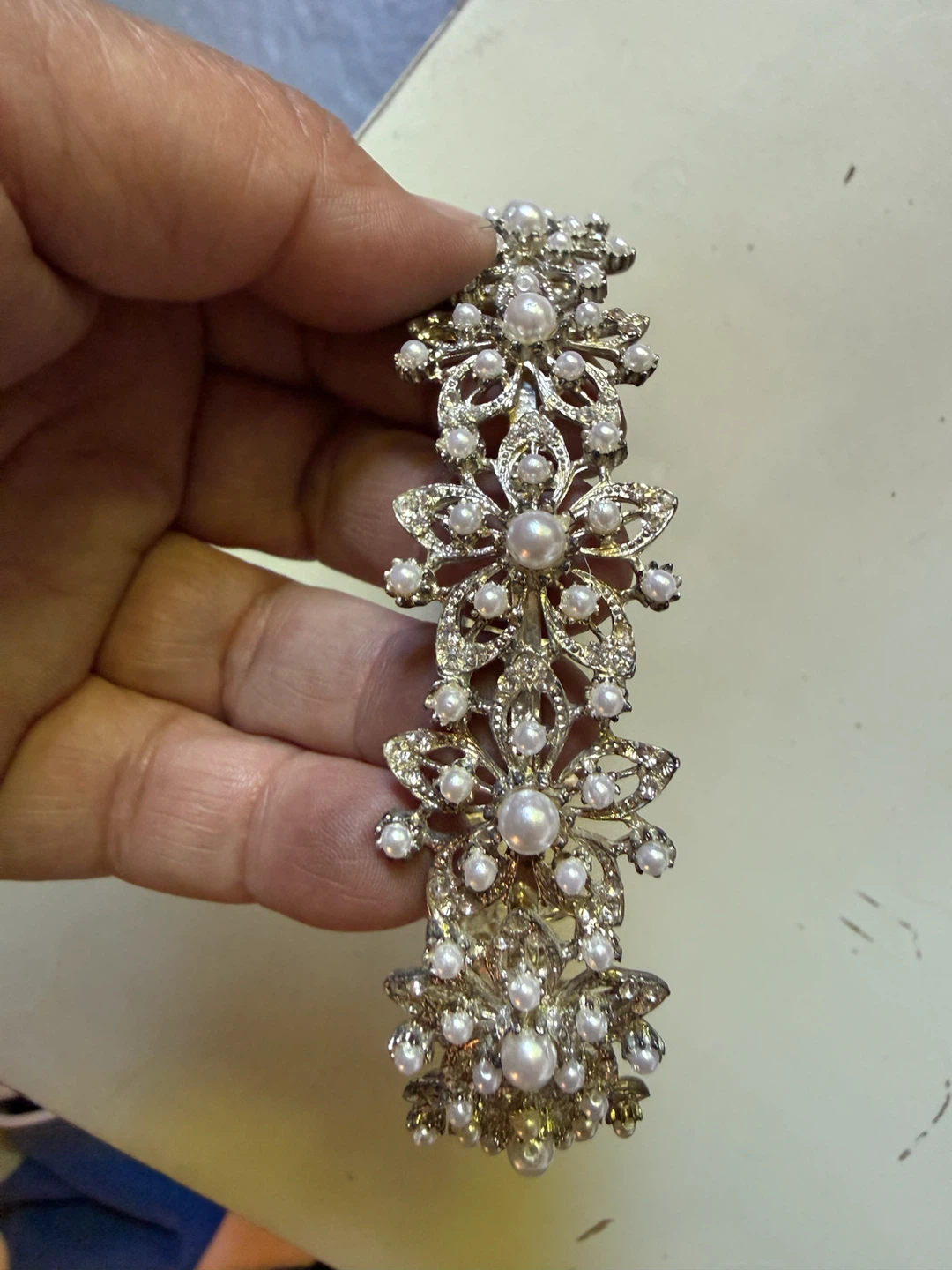 Silver Floral Pearl and Rhinestone Tiara - photo 5
