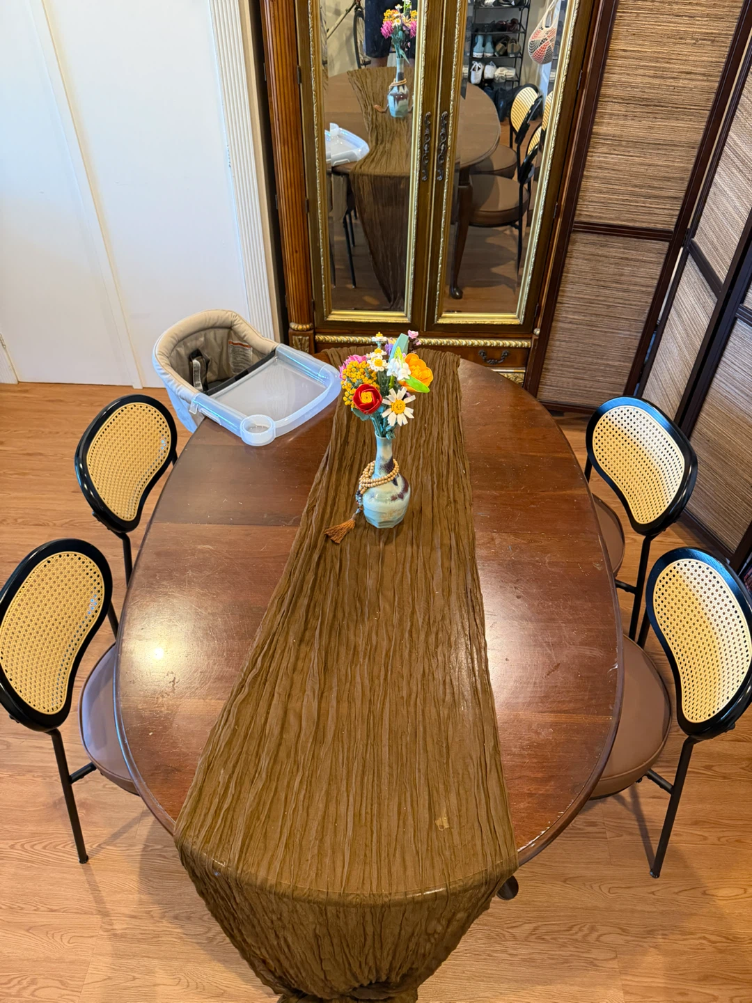 Set of 4 Black Cane Back Dining Chairs Brown Seat
