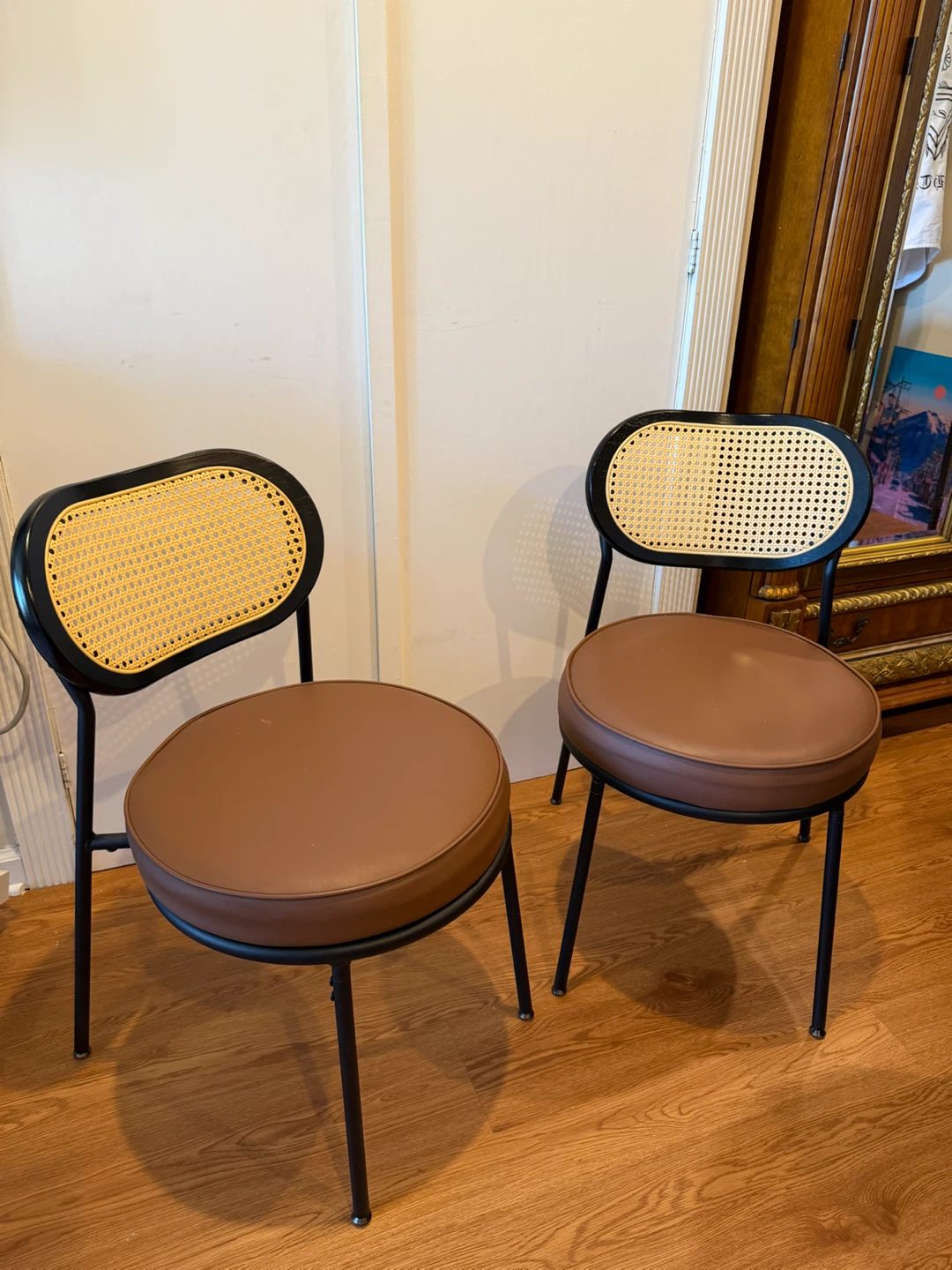 Set of 4 Black Cane Back Dining Chairs Brown Seat - photo 3