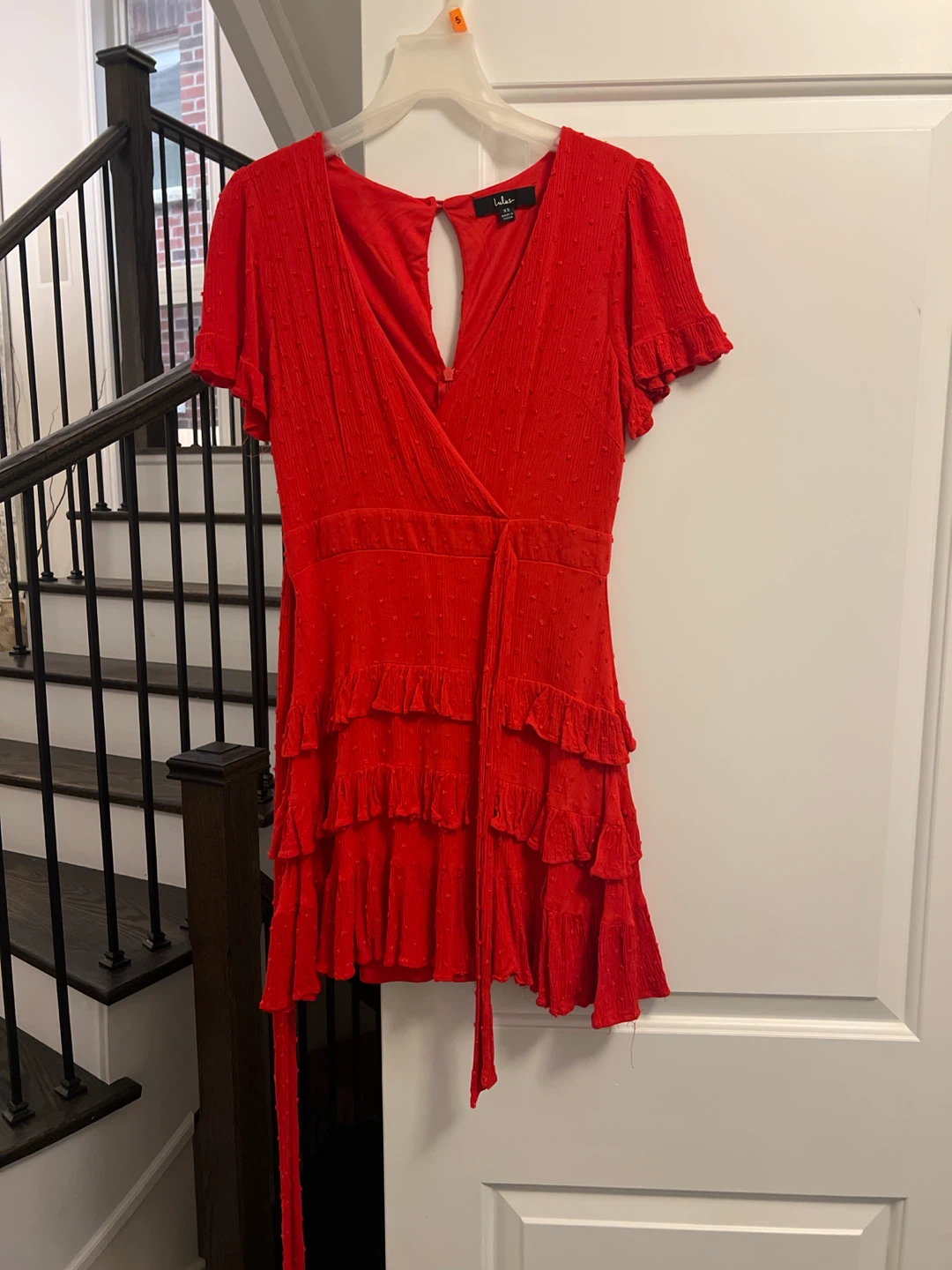 Lulus Red Swiss Dot Tiered Wrap Mini Dress