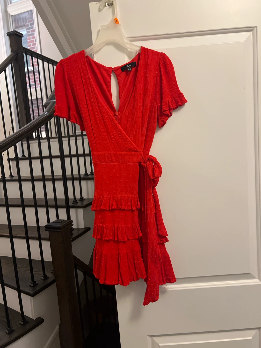 Lulus Red Swiss Dot Tiered Wrap Mini Dress - photo 4