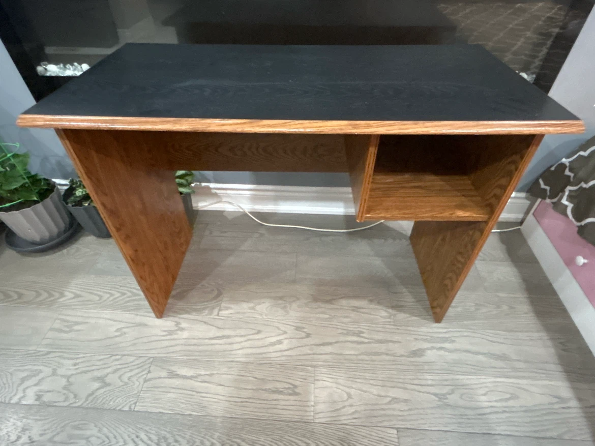Oak and Black Laminate Desk with Storage Shelf