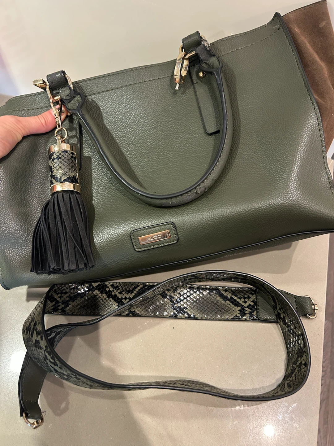 ALDO Green Faux Leather Satchel Handbag with Tassel