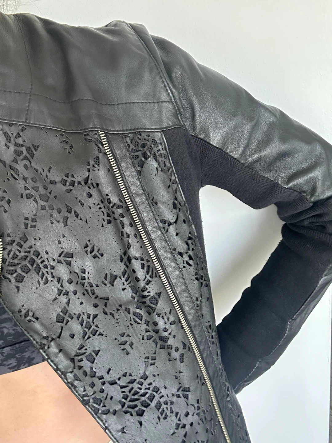 TENAX Black Faux Leather Jacket with Cutout Detail