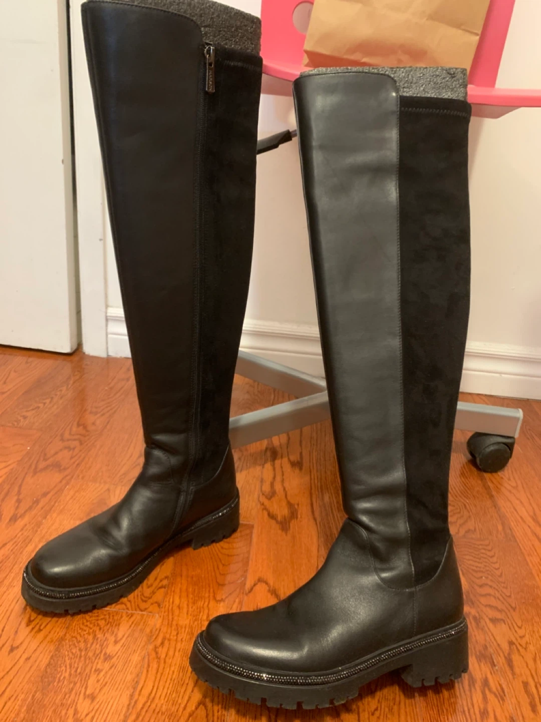 6 Over The Knee Boots Leather Suede Mixed Media Lug Sole Zip