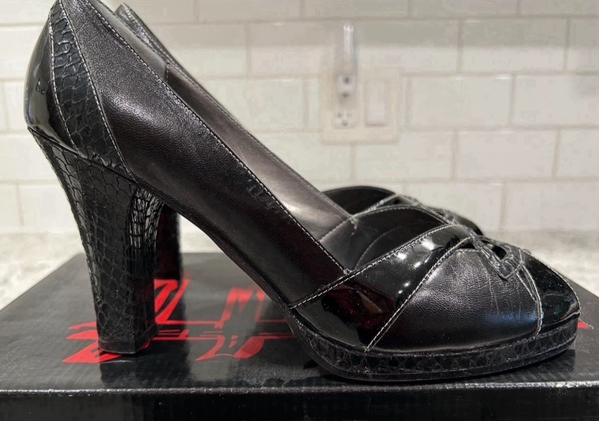 Falchi by Carlos Falchi Black Leather Peep Toed Heels