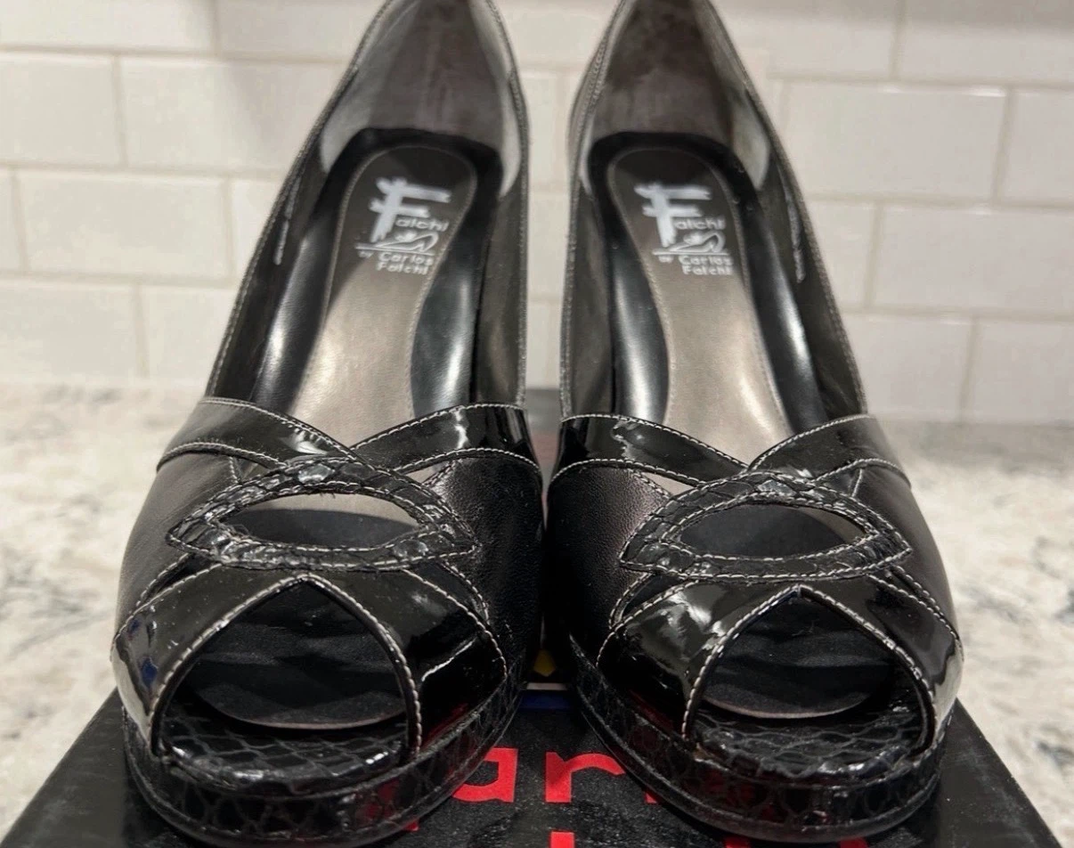 Falchi by Carlos Falchi Black Leather Peep Toed Heels - photo 2