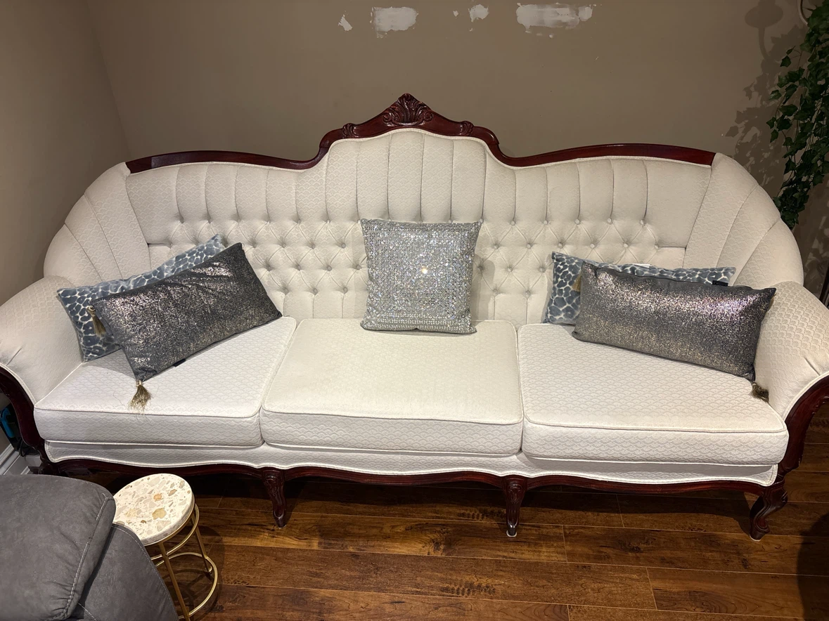 Vintage Tufted Sofa with Wooden Trim