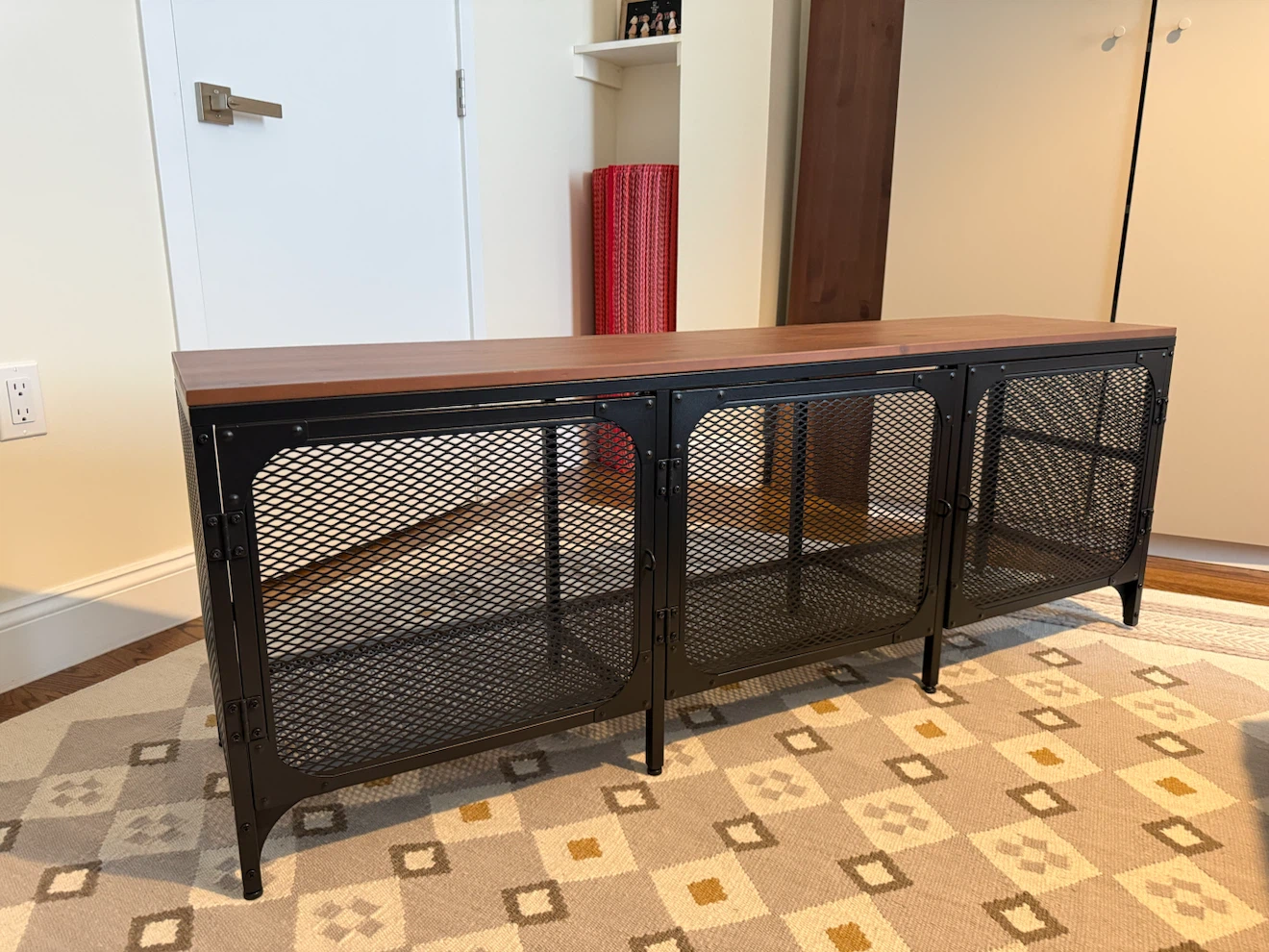 Industrial style tv stand with mesh doors