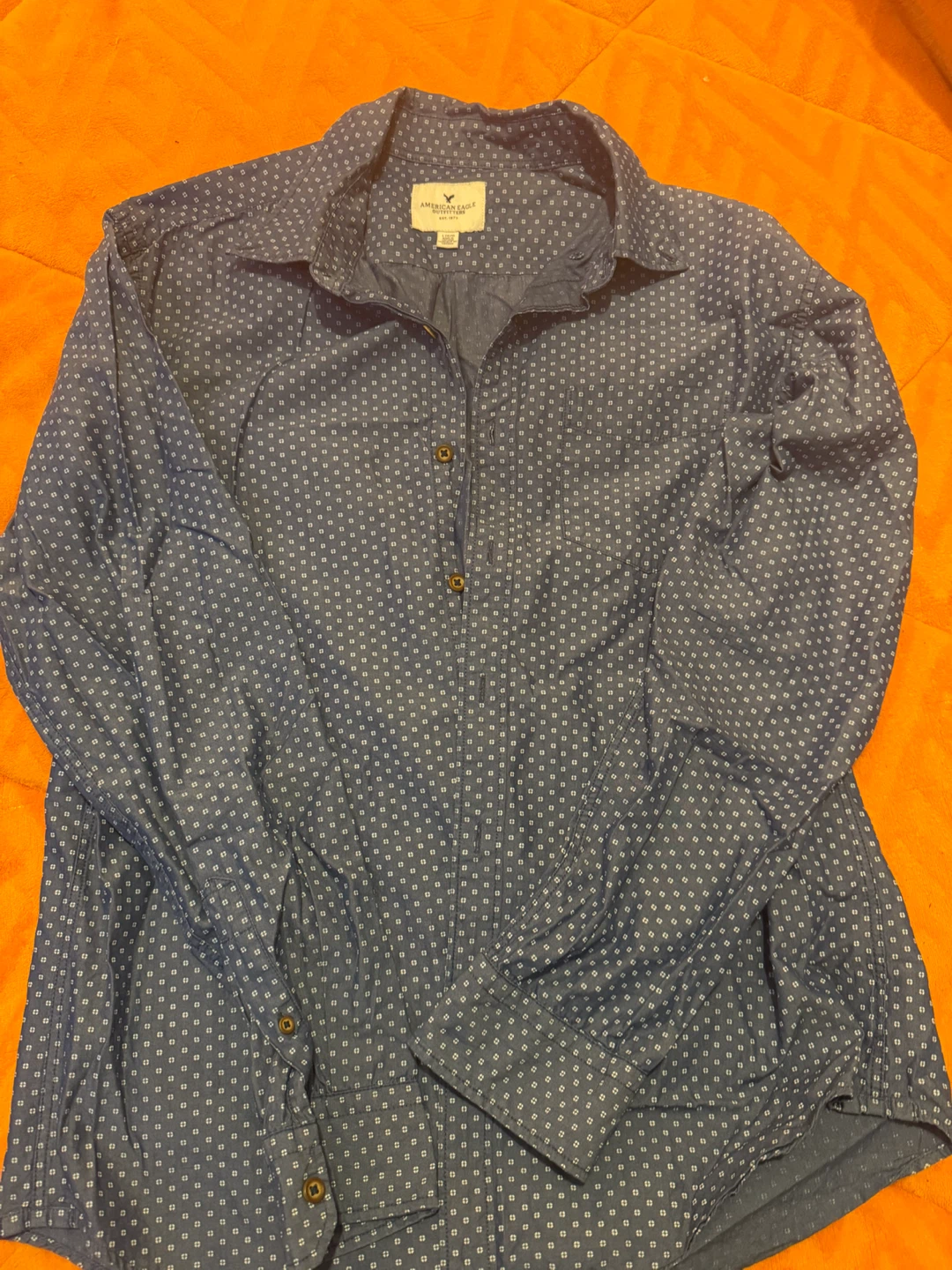 American Eagle Outfitters Men's Blue Patterned Button-Down Shirt