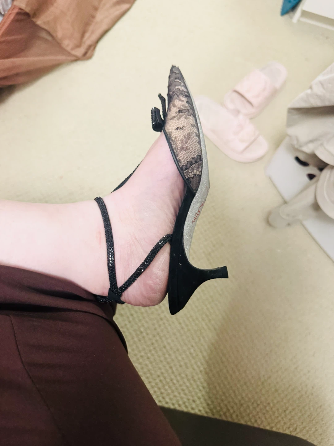 Women's Black Lace Heels with Sparkly Straps