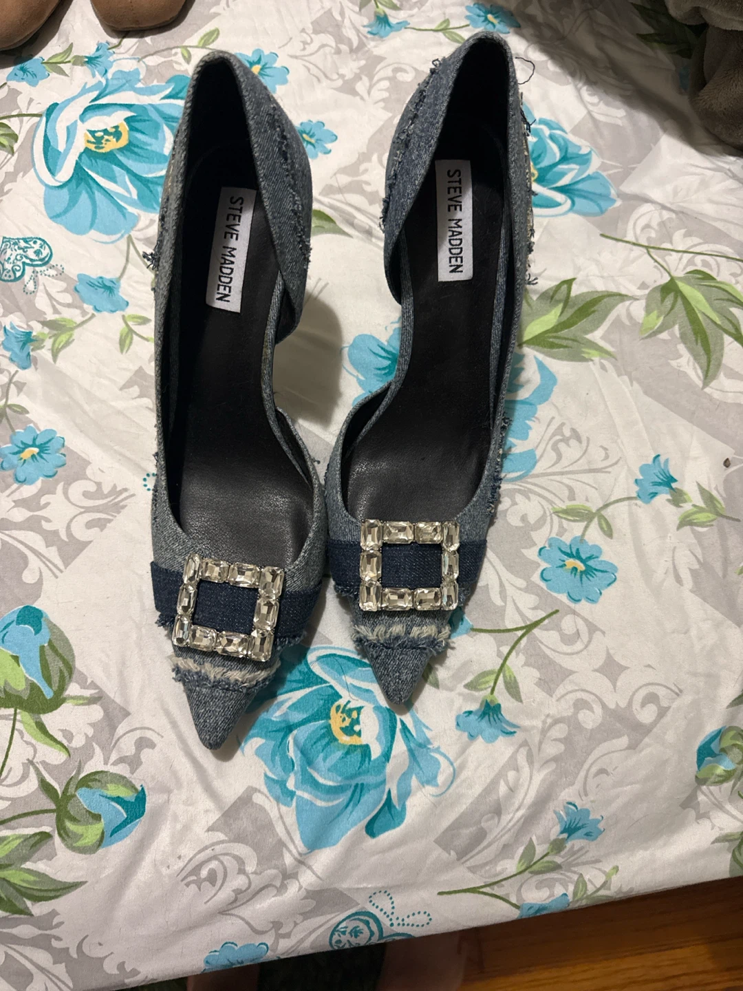 Steve Madden Denim Heels with Rhinestone Buckle