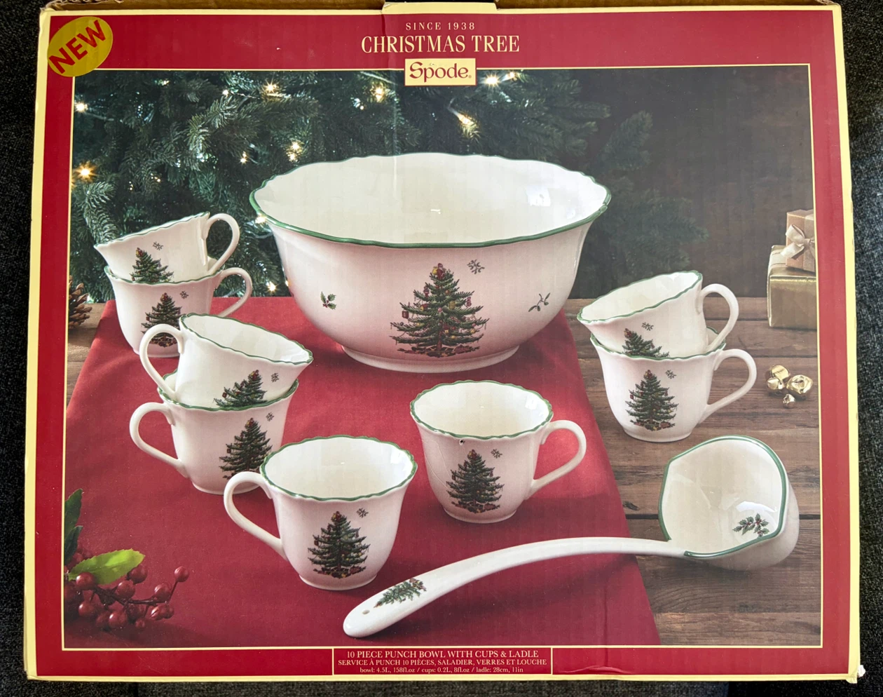 Spode Christmas Tree 10 Piece Punch Bowl Set with Cups & Ladle