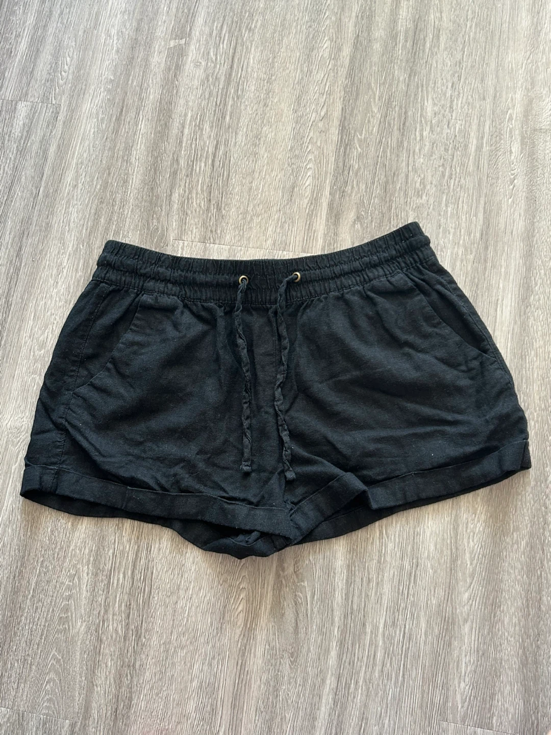 Black Linen Blend Drawstring Shorts