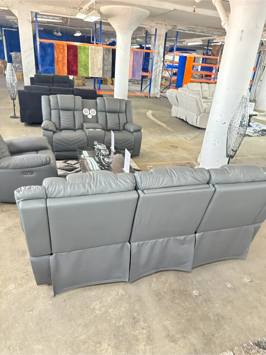 Gray Leather Power Reclining Sofa and loveseat