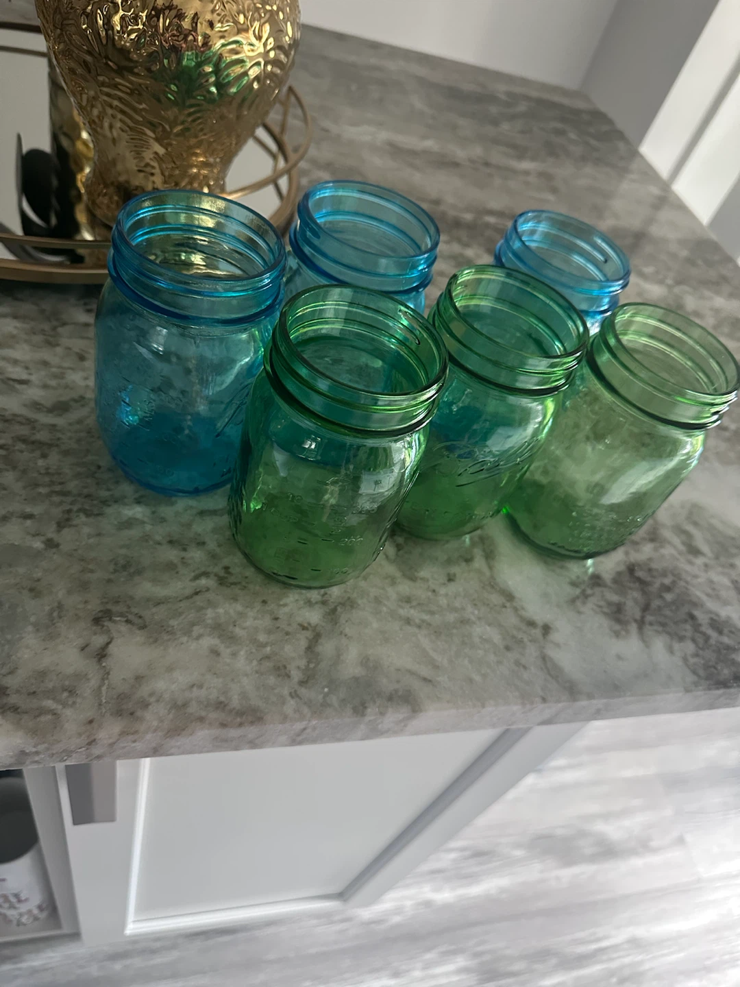 Set of 6 Blue and Green Glass Mason Jars