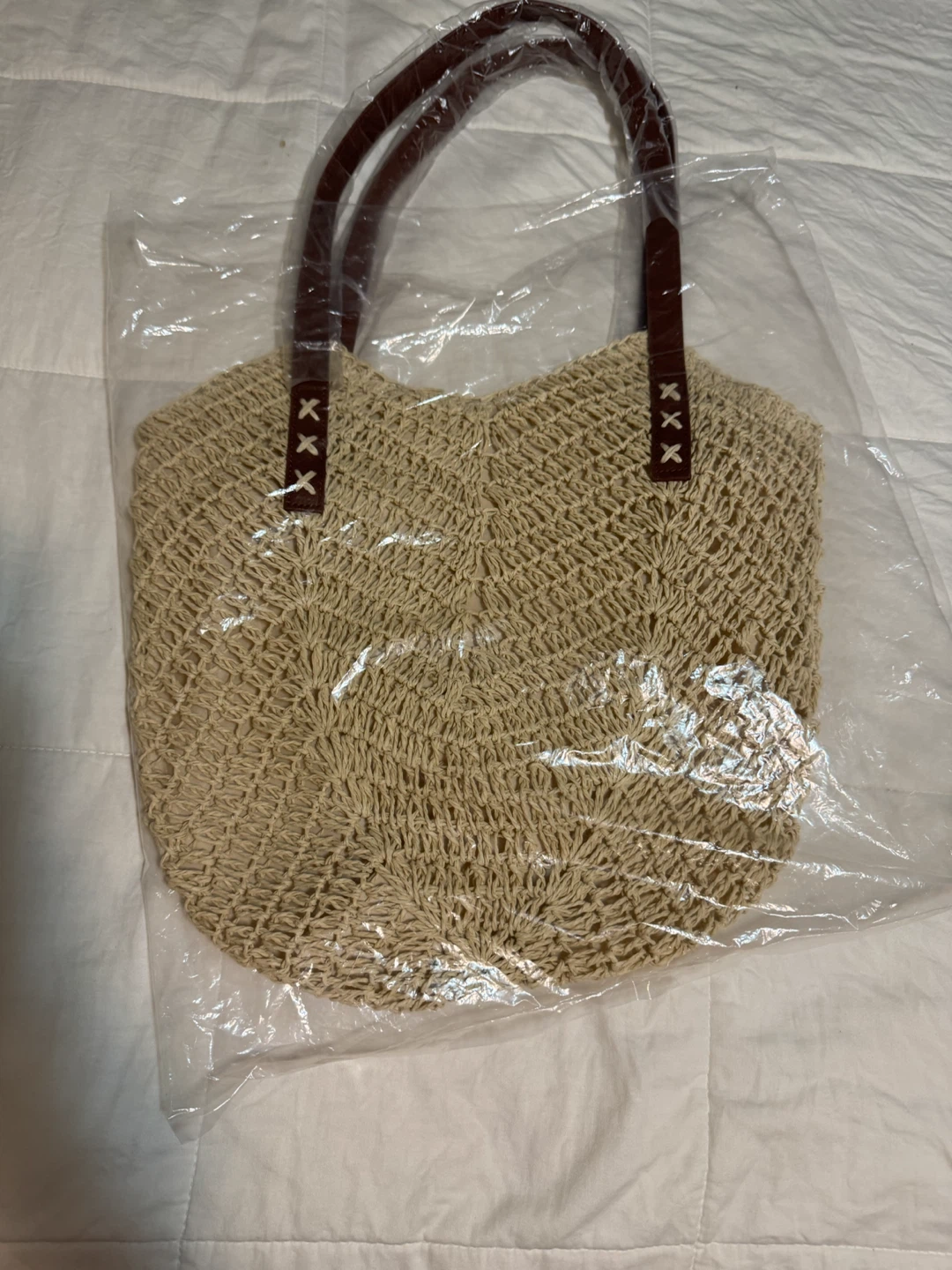 Straw Tote Bag with Faux Leather Handles