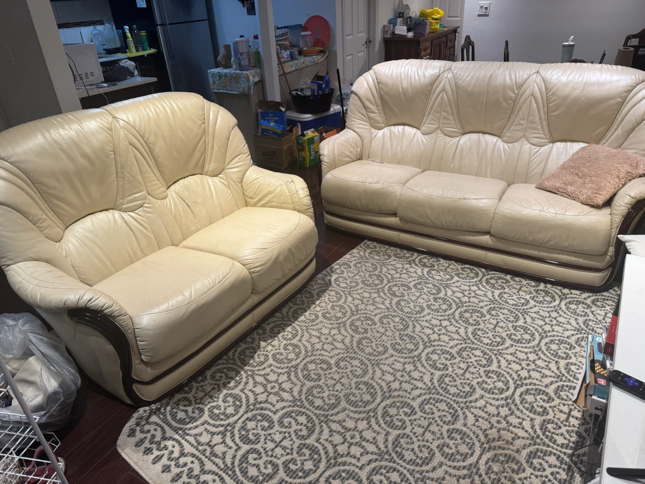 Cream Leather Loveseat and Sofa Set