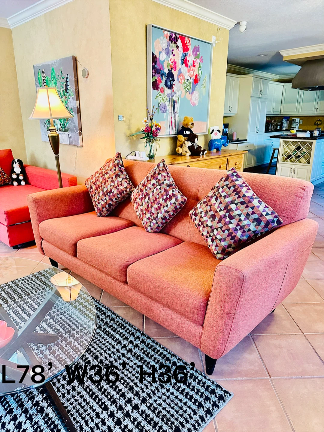 Salmon Pink 3-Seater Sofa with Decorative Pillows - photo 3