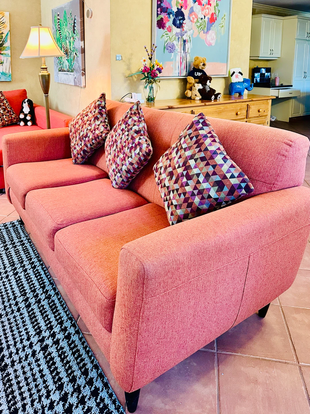 Salmon Pink 3-Seater Sofa with Decorative Pillows - photo 5