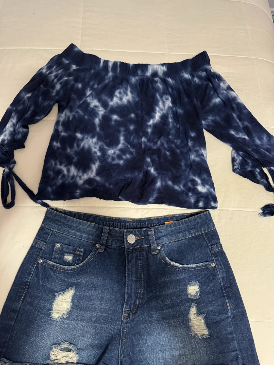 Blue Tie-Dye Off-the-Shoulder Top & Ripped Denim Shorts Set