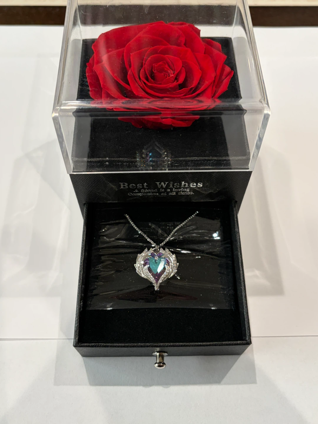 New Rose & Heart-Shaped Angel Wings Pendant Necklace
