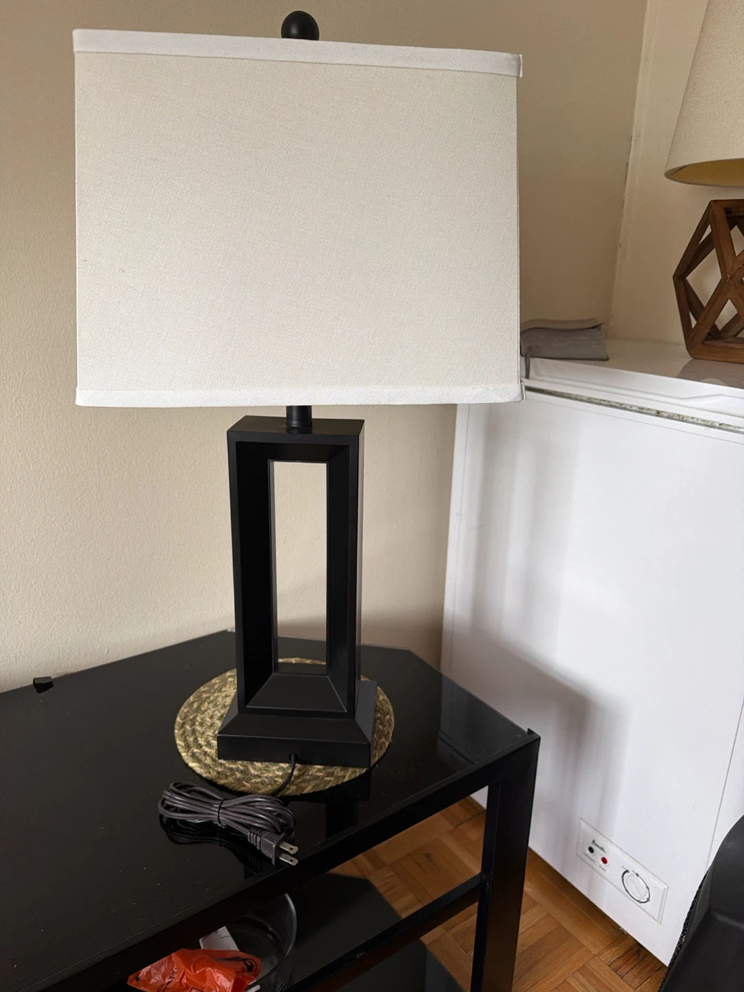 Black Geometric Table Lamp with White Shade