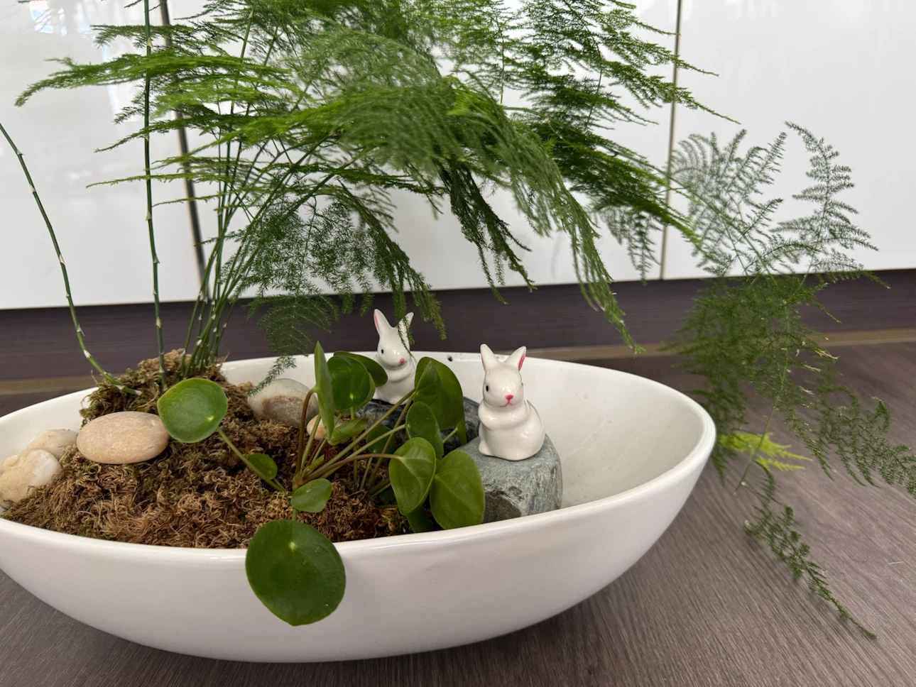 Asparagus Fern Terrarium with Bunny Figurines