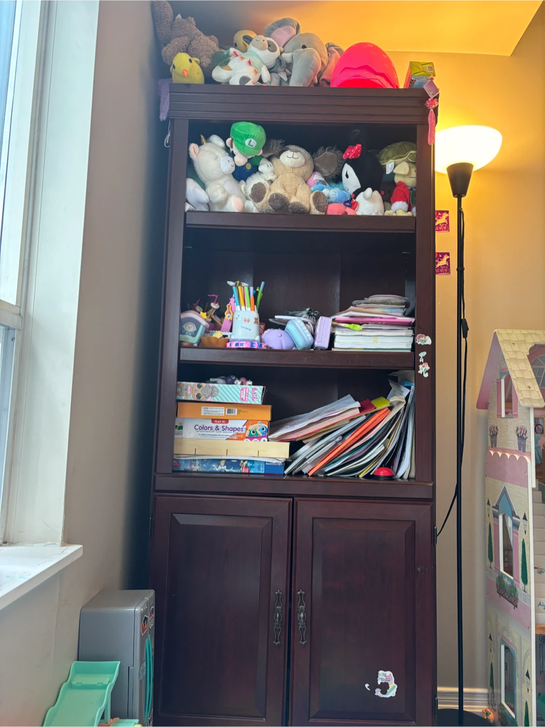 Dark Wood Bookshelf with Cabinets