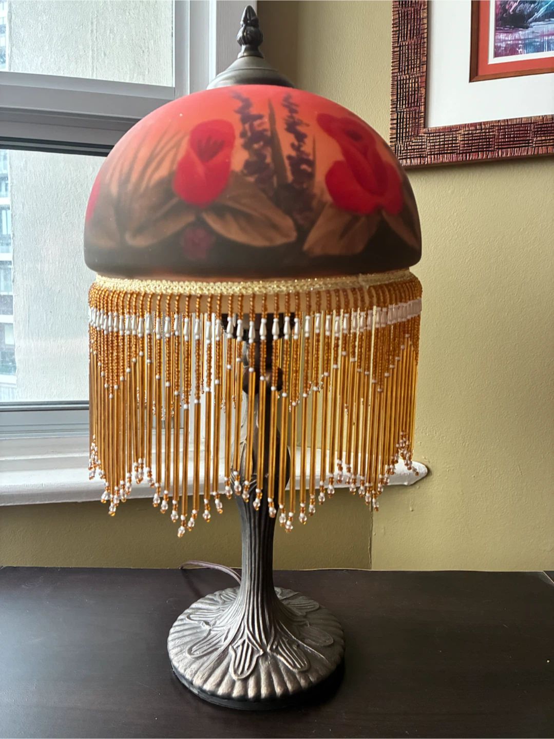 Vintage Floral Lamp with Beaded Fringe