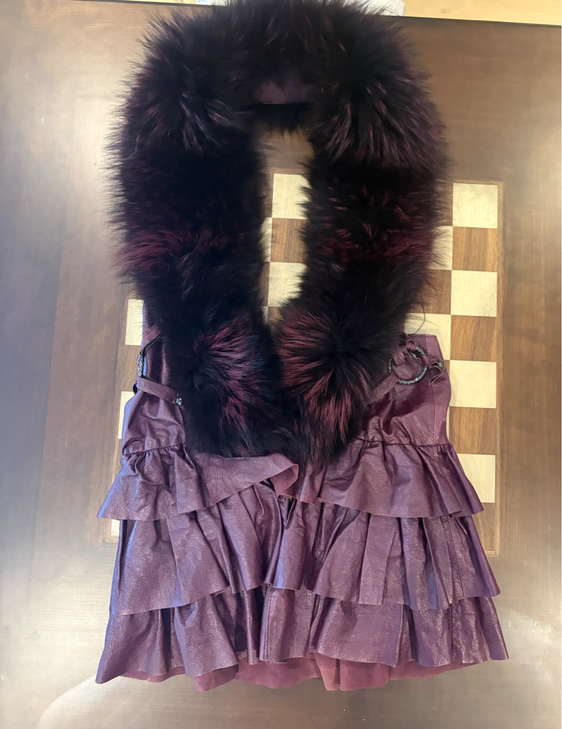 Burgundy Leather Dress with Fur Hood