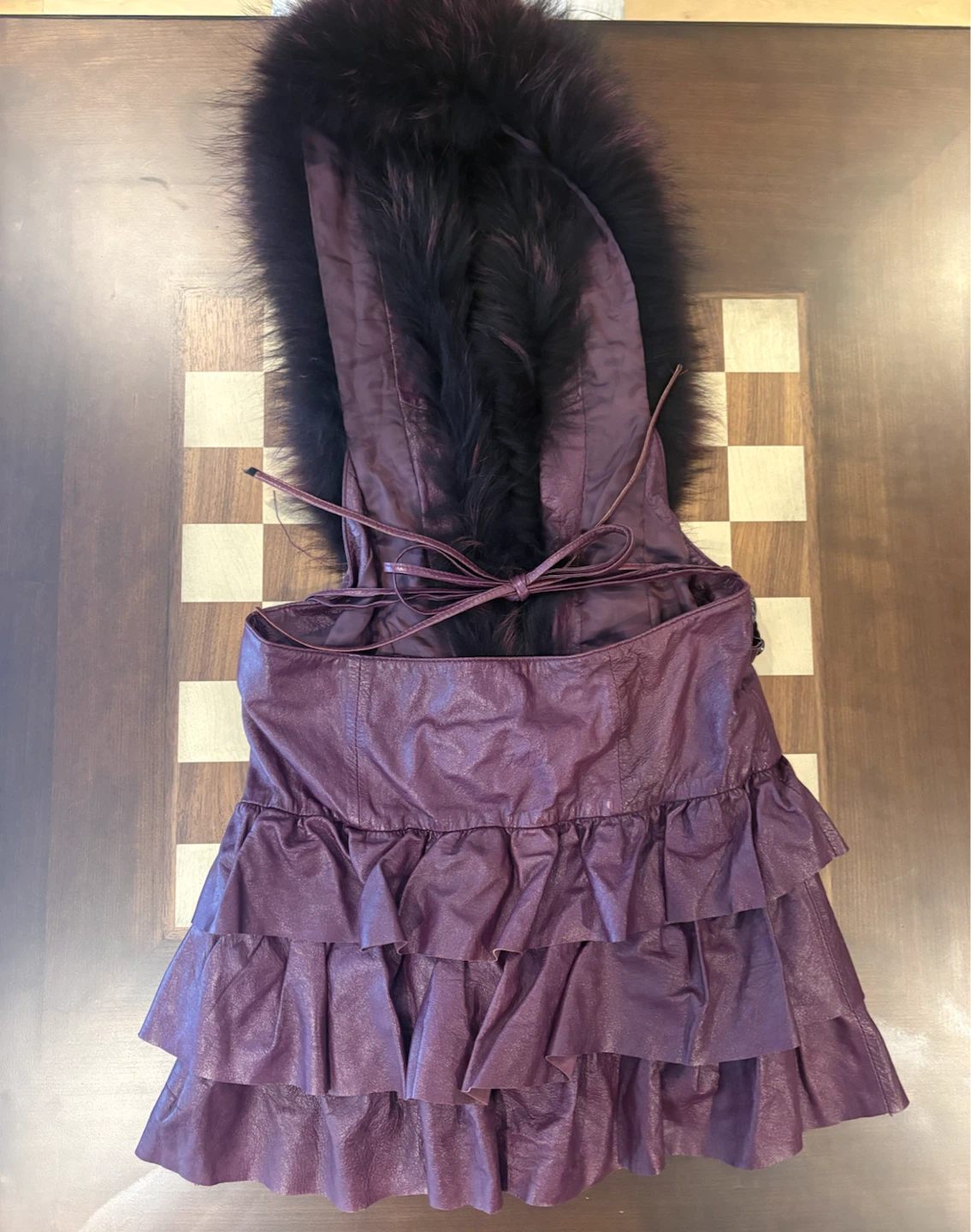 Burgundy Leather Dress with Fur Hood - photo 2