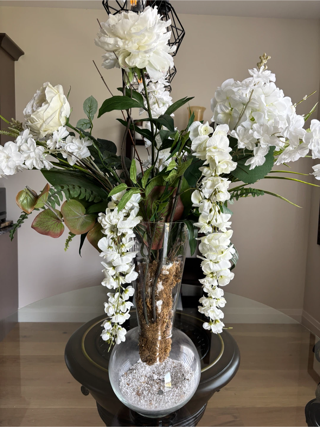 White Floral Arrangement in Glass Vase