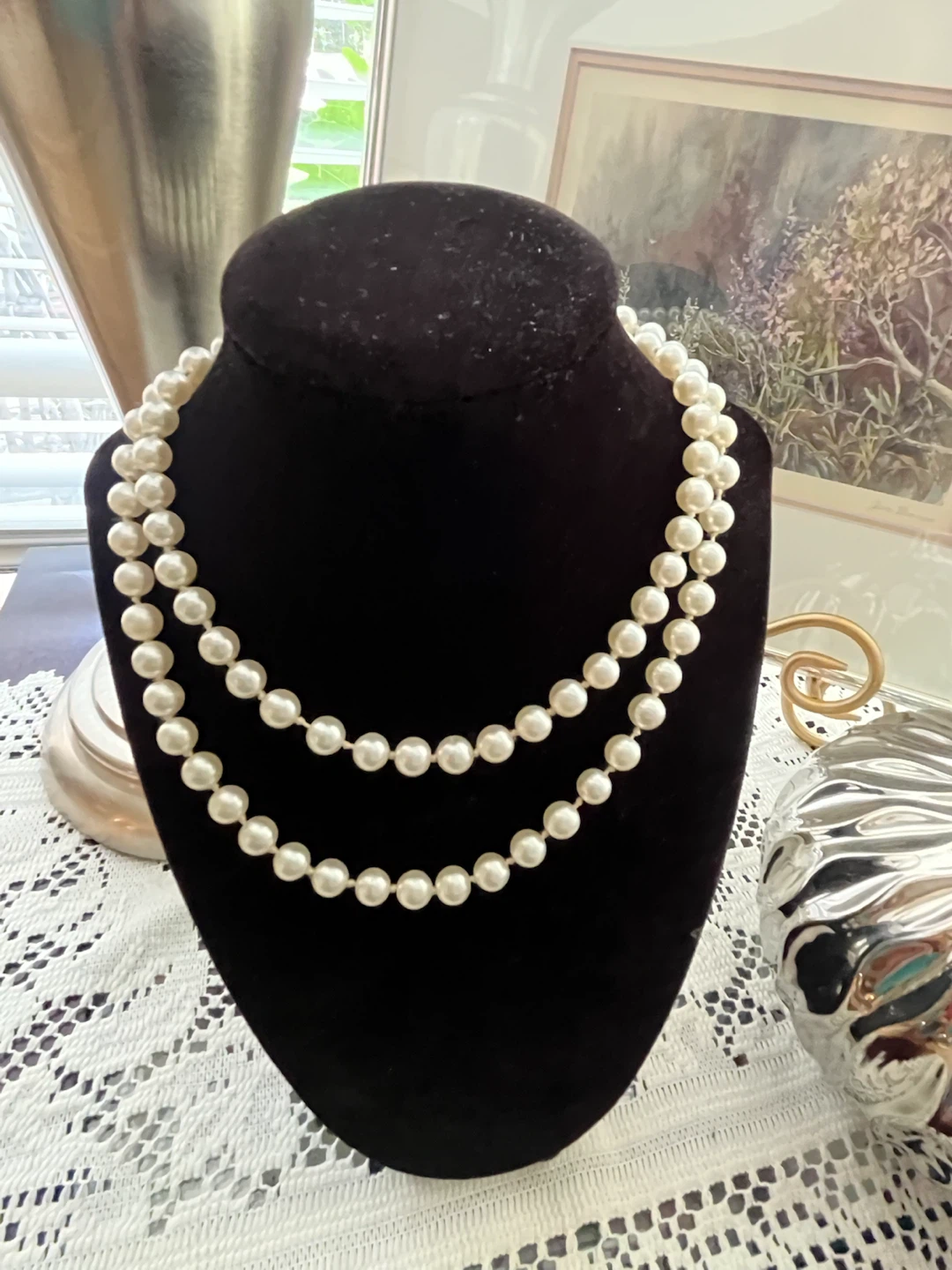 Double Strand Vintage Faux Pearl Necklace, 16 inches long