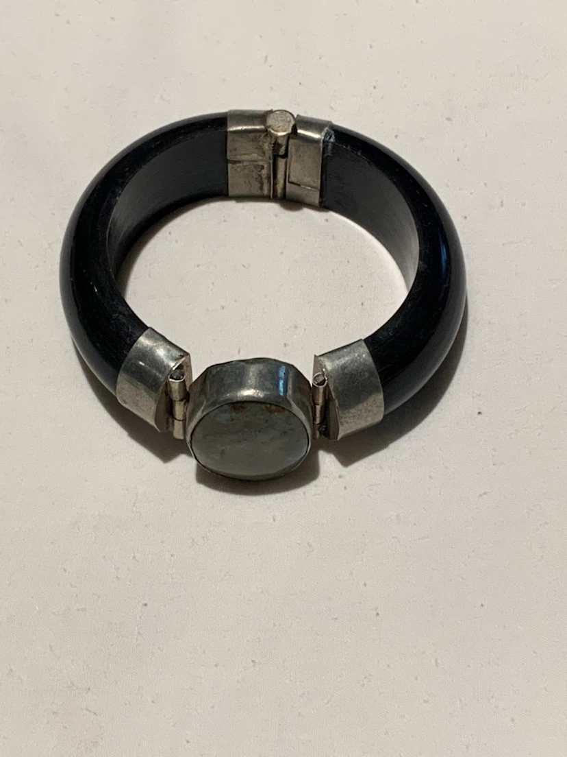 Black Bangle Bracelet with Silver Accents and Stone