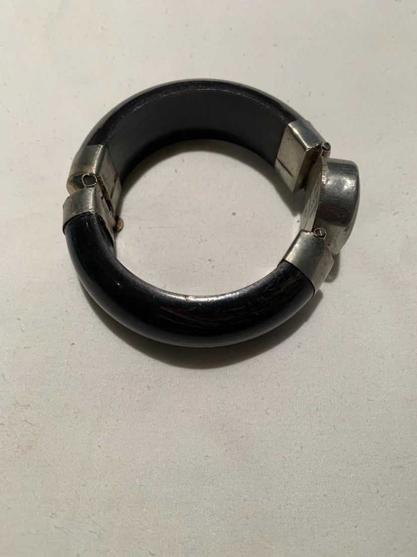 Black Bangle Bracelet with Silver Accents and Stone - photo 2