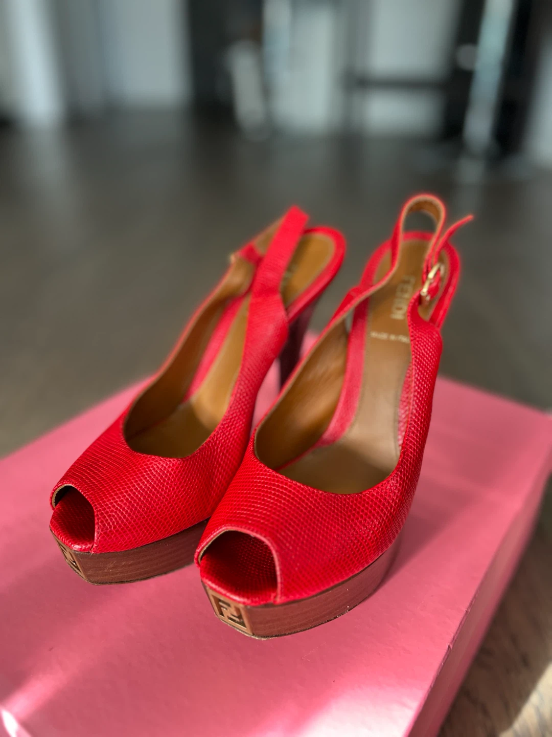 Fendi Red Peep-Toe Platform Slingbacks