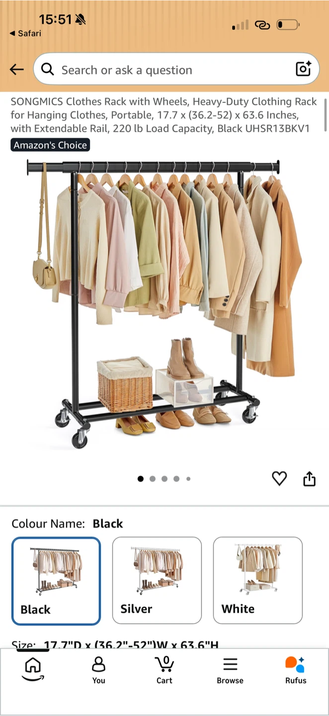 SONGMICS Heavy-Duty Clothing Rack with Wheels - Black