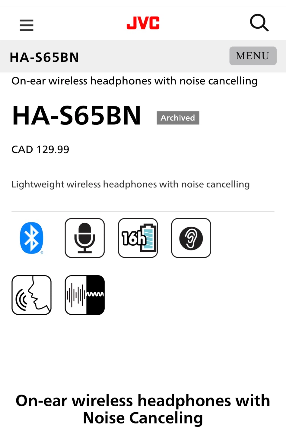 JVC HA-S65BN On-Ear Wireless Noise Cancelling Headphones - photo 2