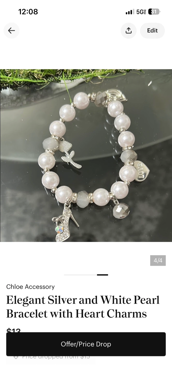 Elegant Silver and White Pearl Bracelet with Heart Charms
