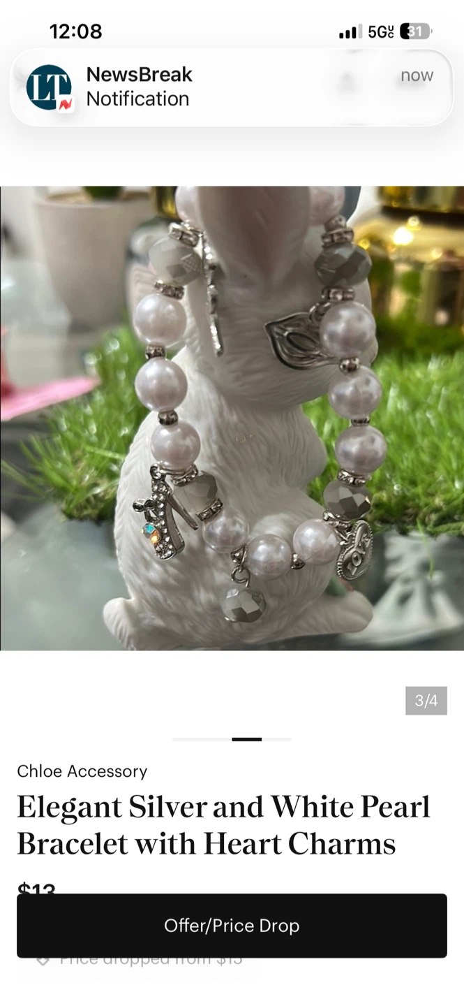 Elegant Silver and White Pearl Bracelet with Heart Charms - photo 3