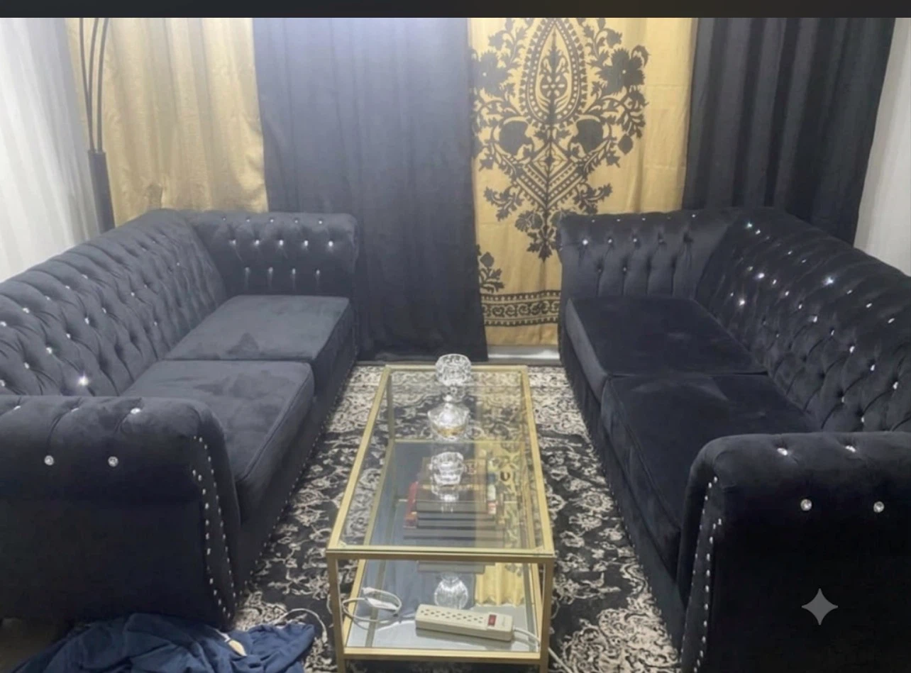 Black Velvet Tufted Loveseat and Sofa Set with Crystal Accents