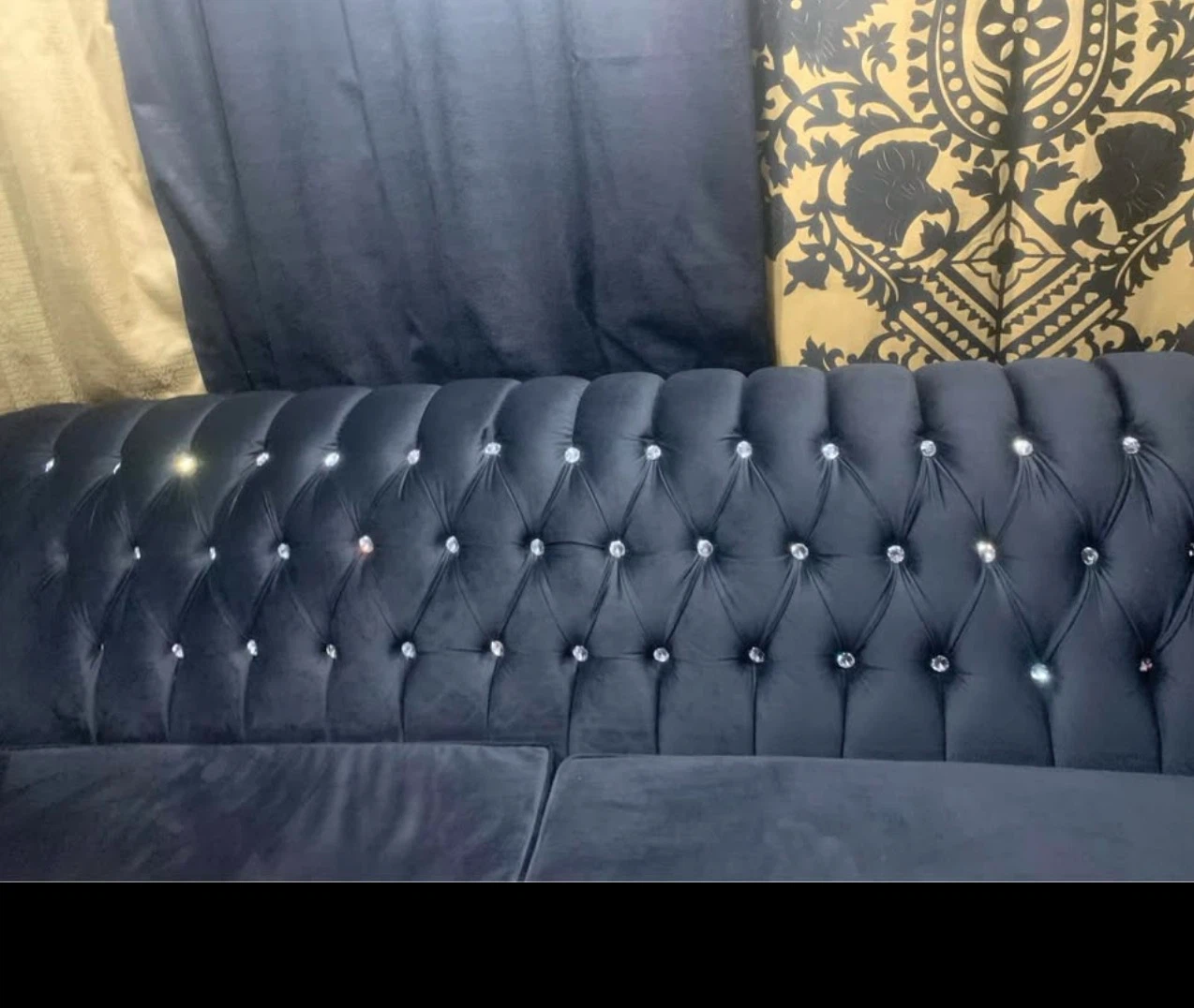 Black Velvet Tufted Loveseat and Sofa Set with Crystal Accents - photo 2