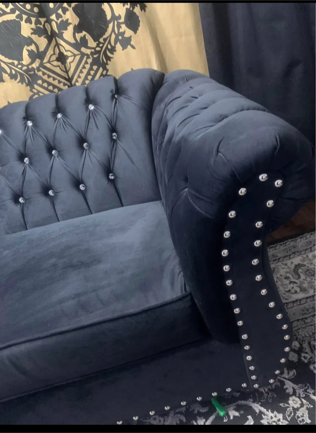 Black Velvet Tufted Loveseat and Sofa Set with Crystal Accents - photo 3