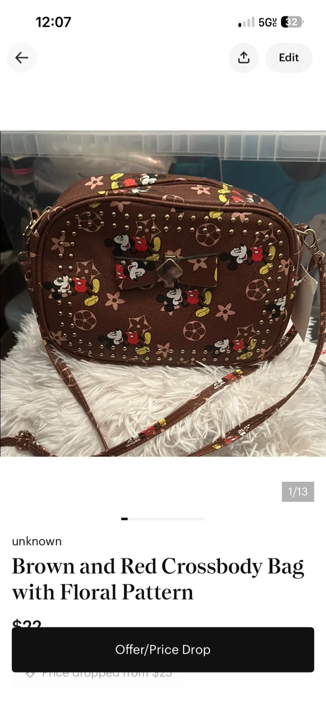 Brown Crossbody Bag with Mickey Mouse and Floral Pattern