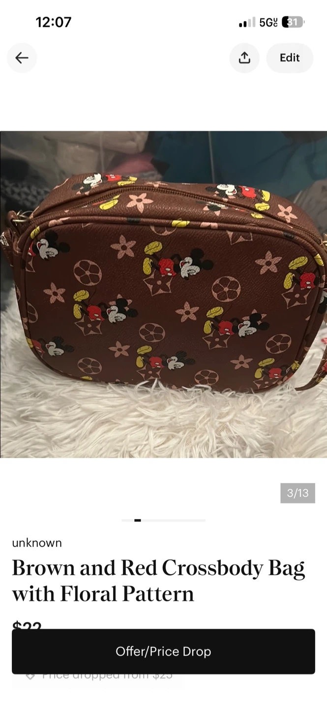 Brown Crossbody Bag with Mickey Mouse and Floral Pattern - photo 2