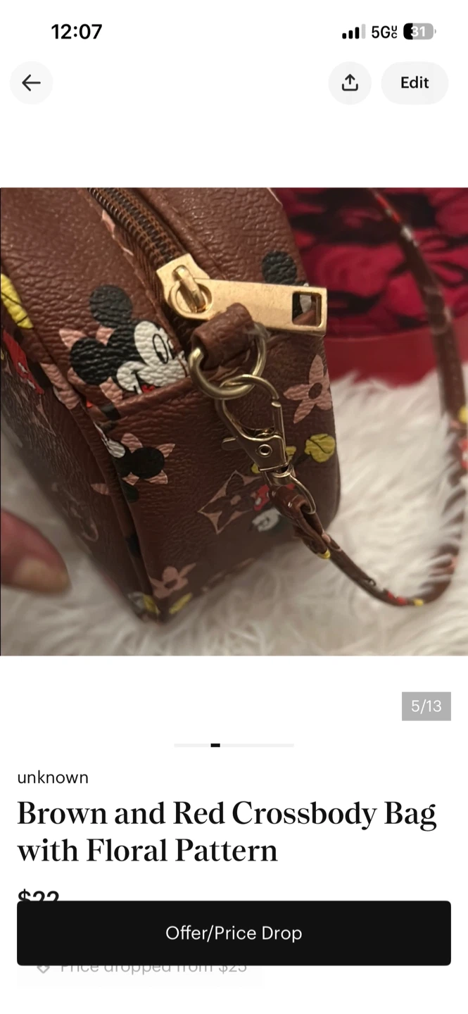 Brown Crossbody Bag with Mickey Mouse and Floral Pattern - photo 3
